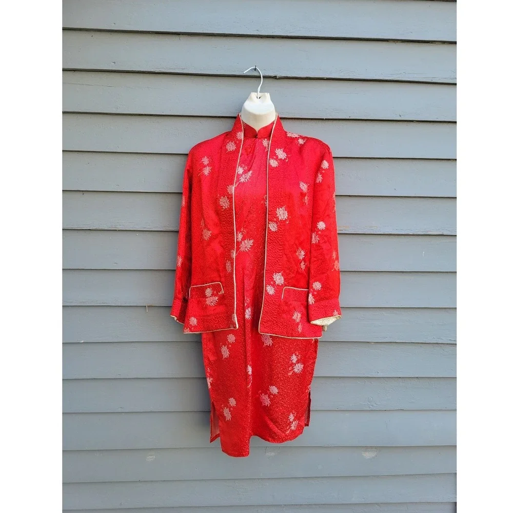 Vintage Silk Brocade Cheongsam Qipao Dress & Jacket Set Red White Small